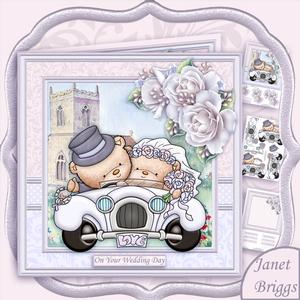 Wedding Bears in Car 8x8 White Wedding Mini Kit & Decoupage