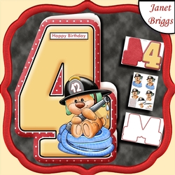 Age 4 Shaped Card  Insert & Optional Fireman Ted Decoupage Kit