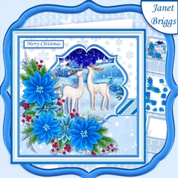 DEER & BLUE POINSETTIA 7.5 Christmas Decoupage & Insert Kit