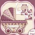 New Baby Girl Burgundy Pram Shape Card 3 Sheet Mini Kit