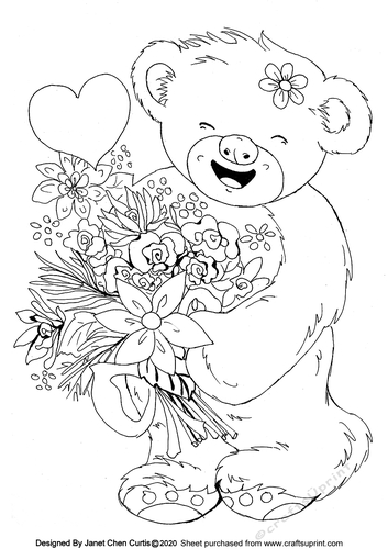 happy bear and a bunch of flowers