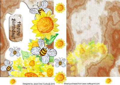 Sunflowers and Honey Bees Around a Wood Frame