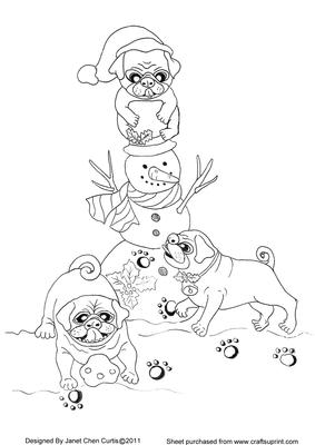 Pugs Have Fun with Snowman- Digi Stamping