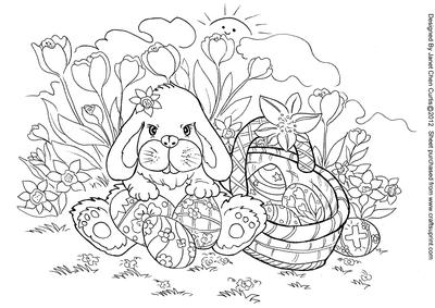 Happy Easter Bunny, Eggs and a Basket-digi Stamps