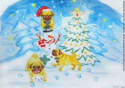 Pugs Have Fun with Snowman- A4