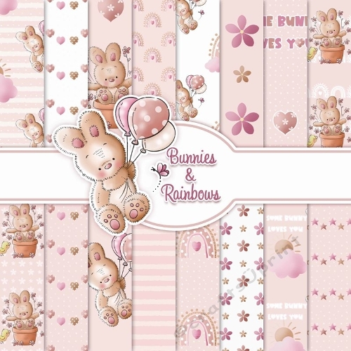 Bunnies & Rainbows 16 Sheet Paper Set + Bonus Bunny Digi Stamp