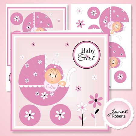 Baby Girl in Pink Pram New Baby Card
