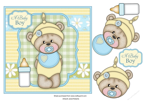 New Baby Barclay Teddy Bear 7x7 Card Front with Decoupage