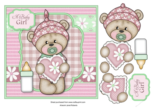 New Baby Bella Teddy Bear 7x7 Card Front with Decoupage