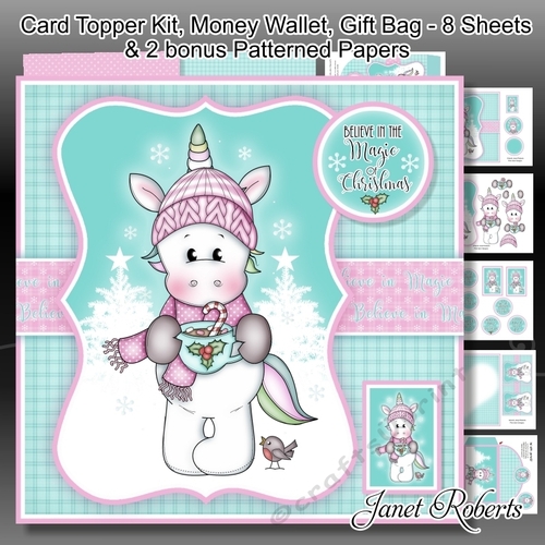 Christmas Unicorn Hot Chocolate Project Kit. Card Topper, Gift Bag, Money Wallet. 8 Sheets
