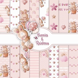 Bunnies & Rainbows 16 Sheet Paper Set + Bonus Bunny Digi Stamp
