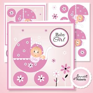 Baby Girl in Pink Pram New Baby Card