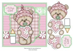 New Baby Bella Teddy Bear 7x7 Card Front with Decoupage