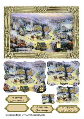 Vintage Village Scene with Central Bridge Pyramid