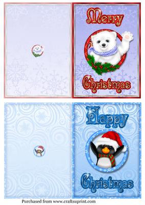 2 A6 Quick Cards Lilac Snowman & Blue Penquin