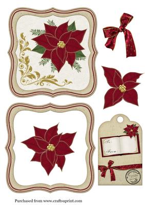5 in Poinsettia Topper with Tag in Cream & Burgundy