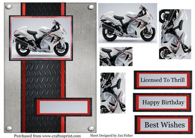 White Motor Cycle on Black & Red Backing