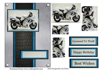 Motor Cycle in White on Blue & Silver Backing