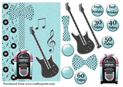 Guitar & Jukebox Age Card in Teal