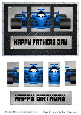 Blue Racing Car Triple Pyramid Card Front