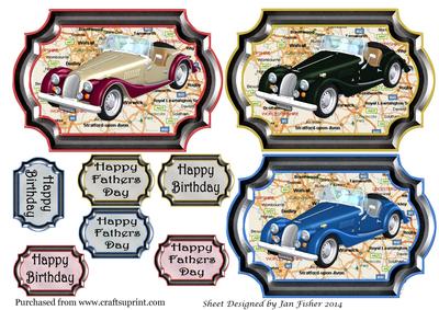 3 x Car on Map Fathers Day, Birthday Toppers