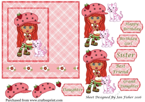 6 x 6 card front pink strawberry girl