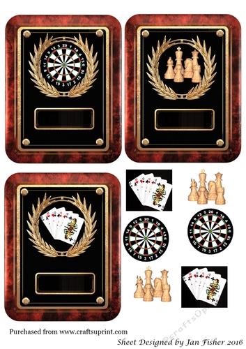 3 x plaque toppers darts, chess, cards