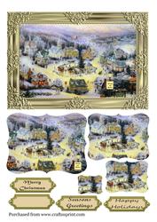 Vintage Village Scene with Central Bridge Pyramid