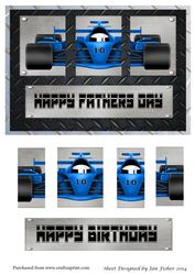 Blue Racing Car Triple Pyramid Card Front