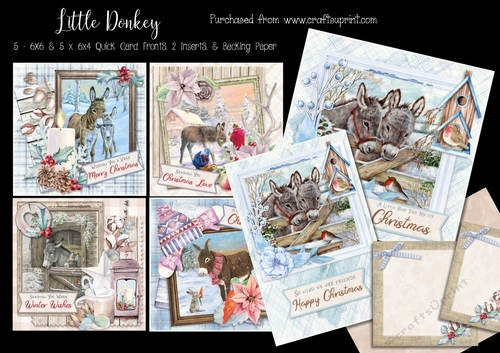 Little Donkey - 5 6x6 & 5 6x4 Card Fronts, 2 Inserts & Backing Paper