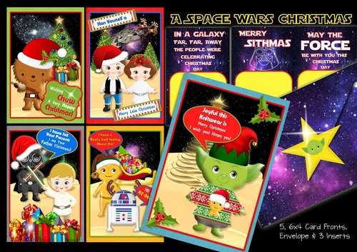 A Space Wars Christmas 5, 6x4 Card Fronts, 3 Inserts & Envelope Kit