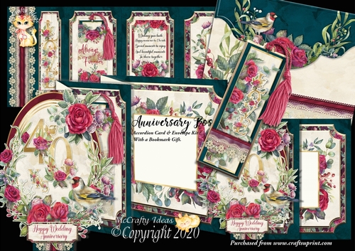 Anniversary Rose Accordion Card, Envelope & Bookmark Kit.