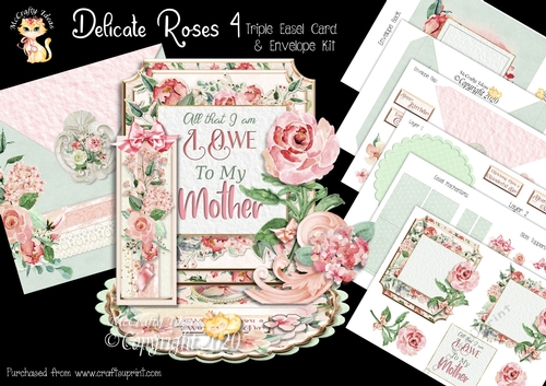 Delicate Roses 4 Triple Easel Card and Envelope Kit. 