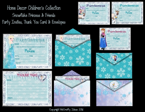 Snowflake Princess Party Invites, Thank you Cards and Envelopes