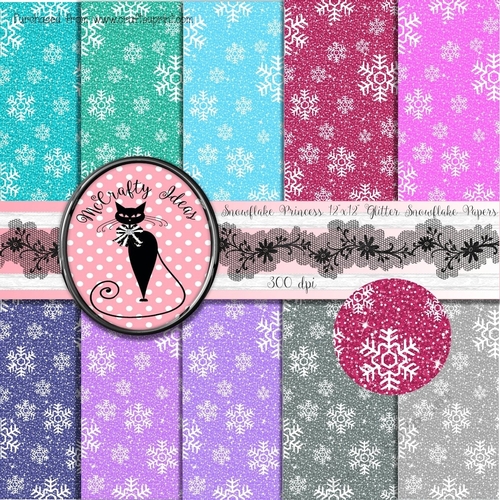Snowflake Princess - 10 Glitter Sparkle Snowflake 12x12 Papers