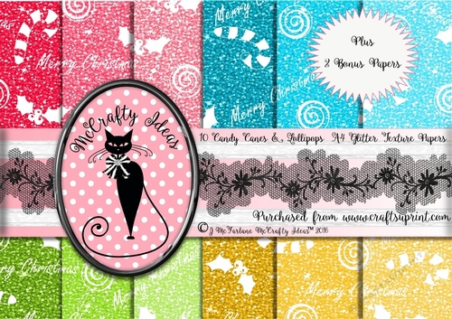10 A4 Candy Cane & Lollipops Christmas Glitter Texture Papers with 2 Bonus Papers