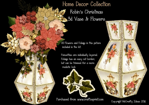 Robins Christmas 3d Vase and Flowers