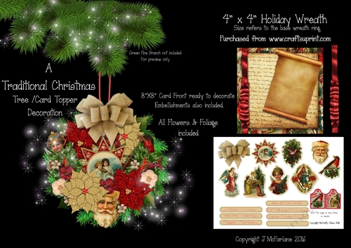 A Traditional Christmas 4x4 Wreath, Tree/Card Decoration.