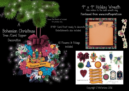 A Bohemian Christmas 4x4 Wreath, Tree/Card Decoration.