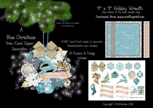A Blue Christmas 4x4 Wreath, Tree/Card Decoration.