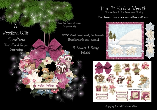 Woodland Cutie Christmas 4x4 Wreath, Tree/Card Decoration.