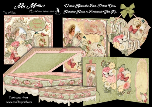 My Mother 8X8 Ornate Keepsake Box, Popup Card, Bookmark & Hanging Heart Gift Kit