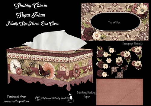 Shabby Chic Sugar Plum Family Size Tissue Box Cover.