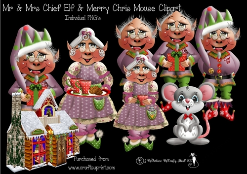 Mr & Mrs Chief Elf & Merry Chris Mouse Clipart PNGs