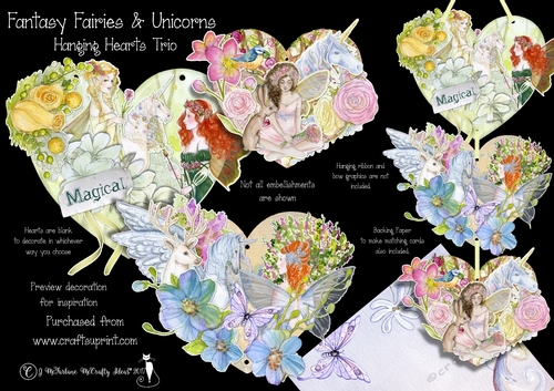 Fantasy Fairies & Unicorns Hanging Hearts Trio