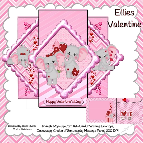 VALENTINE ELEPHANTS 3D POP UP CARD, ENVELOPE, DECOUPAGE KIT