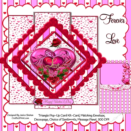 VALENTINE HEARTS AND ROSES - 3D TRIANGLE POP UP CARD, ENVELOPE, DECOUPAGE KIT