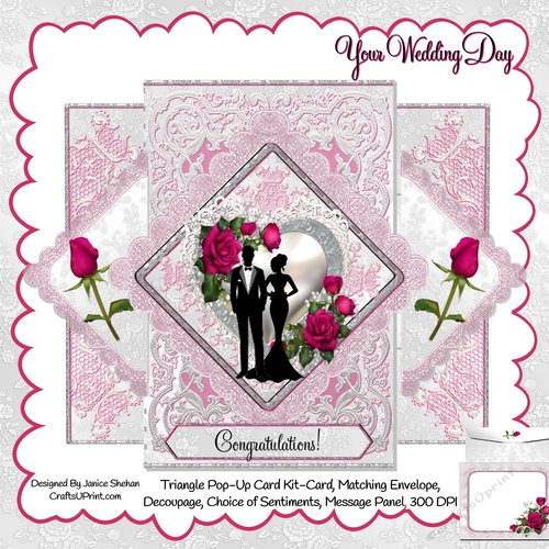 WEDDING BRIDAL - 3D TRIANGLE POP UP CARD, ENVELOPE, DECOUPAGE KIT