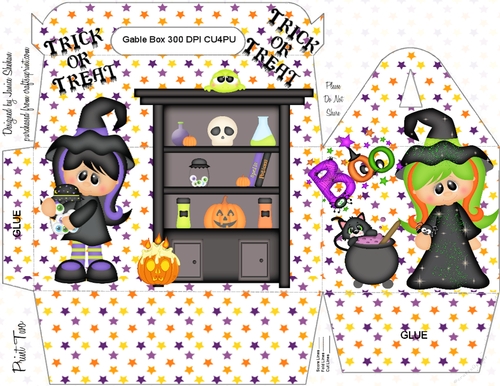 HALLOWEEN GABLE TOP BOX  -  CUTE LITTLE WITCHES