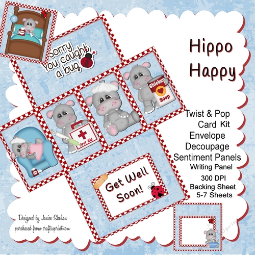 3D POPO UP BOX CARD - HIPPO HAPPY GET WELL SOON